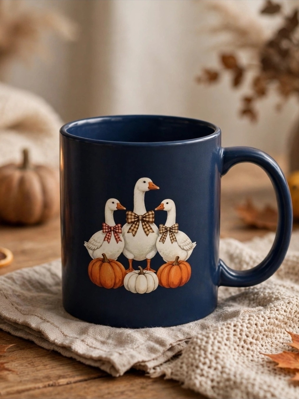 Autumn Goose Ceramic Coffee Mug 11oz Navy, Green And Cream NWT